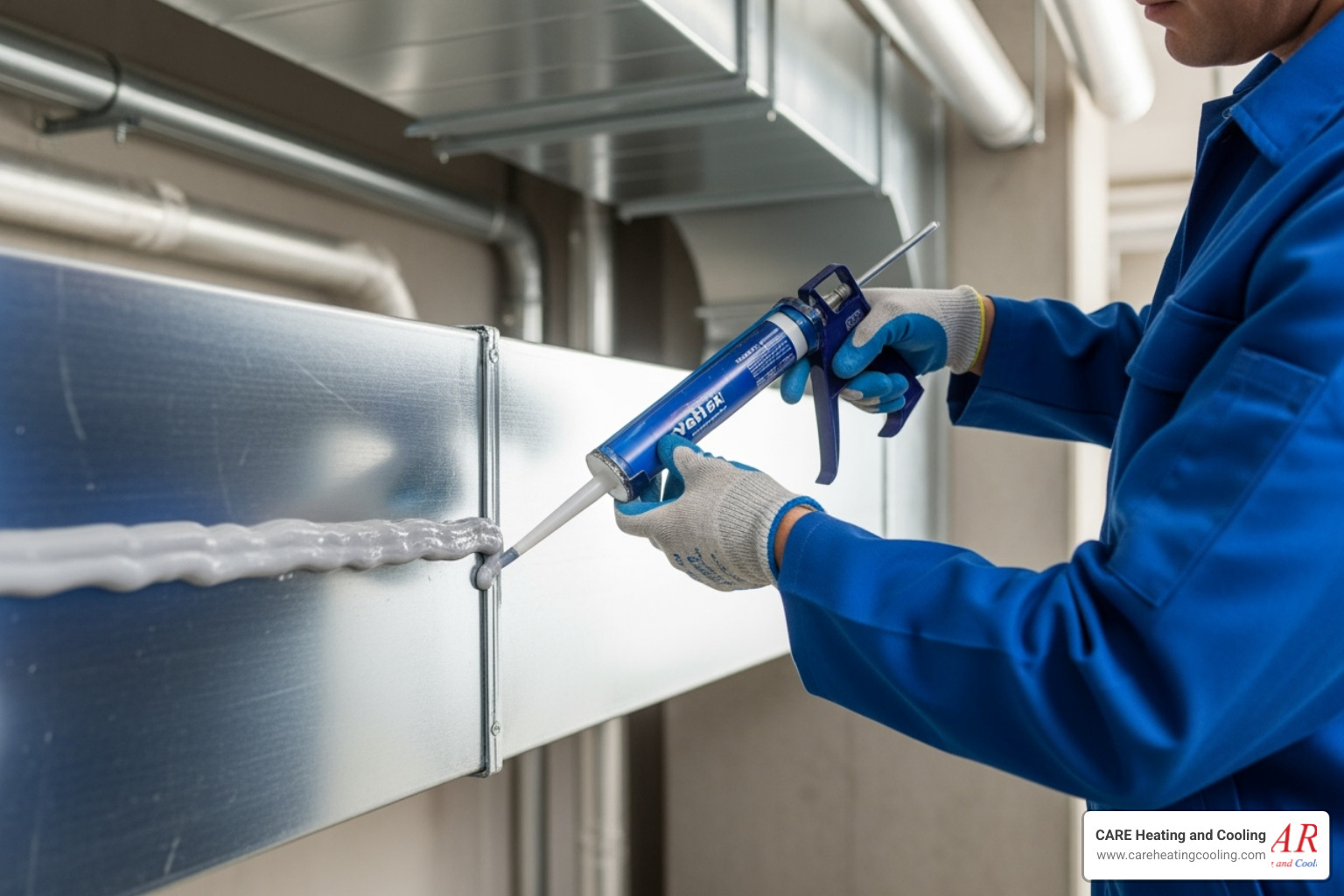 technician applying sealant to duct joint - commercial ductwork westerville technician applying sealant to duct joint - commercial ductwork westerville