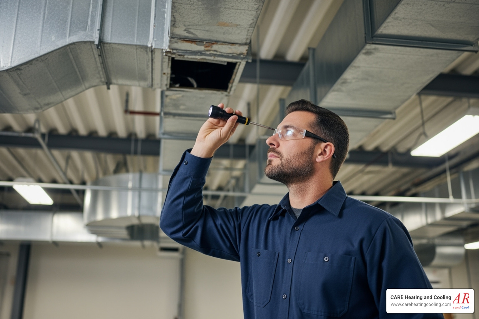 technician examining commercial ductwork - commercial ductwork westerville technician examining commercial ductwork - commercial ductwork westerville