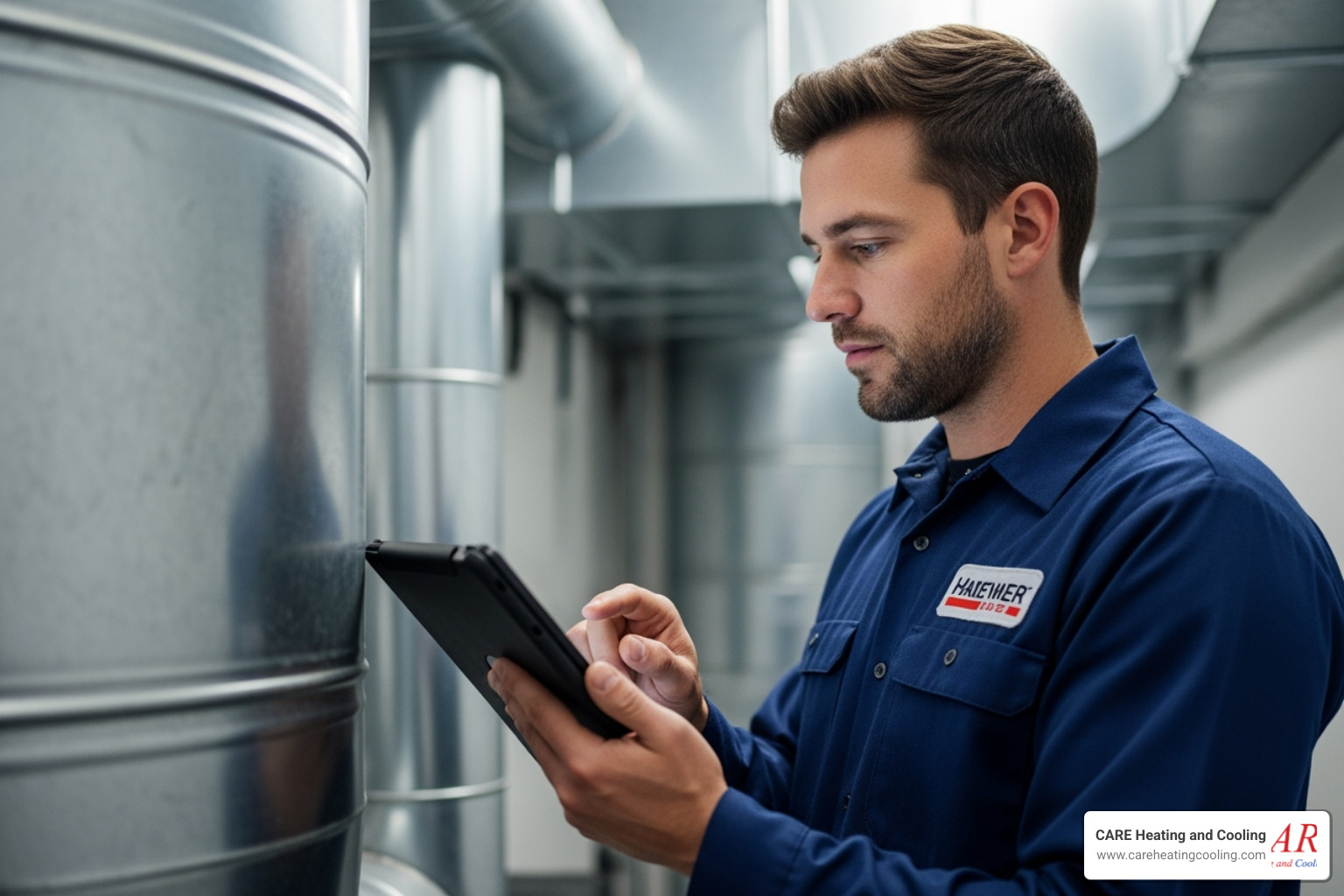 HVAC technician using tablet for diagnostics - commercial ductwork westerville HVAC technician using tablet for diagnostics - commercial ductwork westerville