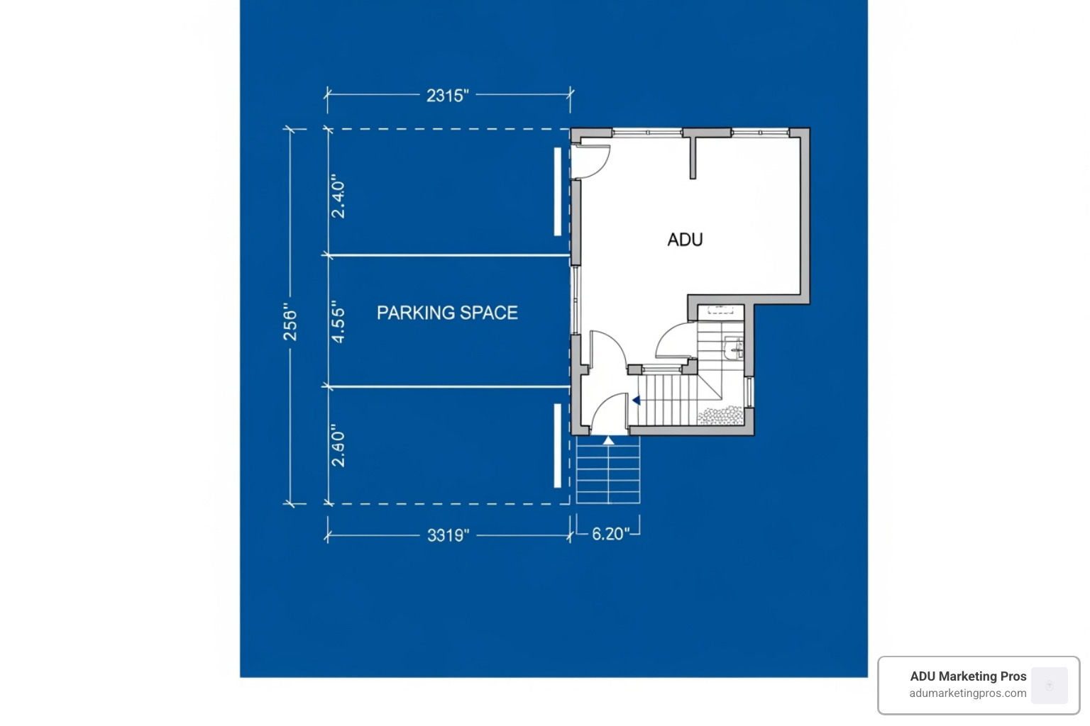 blueprint detail showing a correctly dimensioned parking space next to an ADU - adu parking requirements los angeles