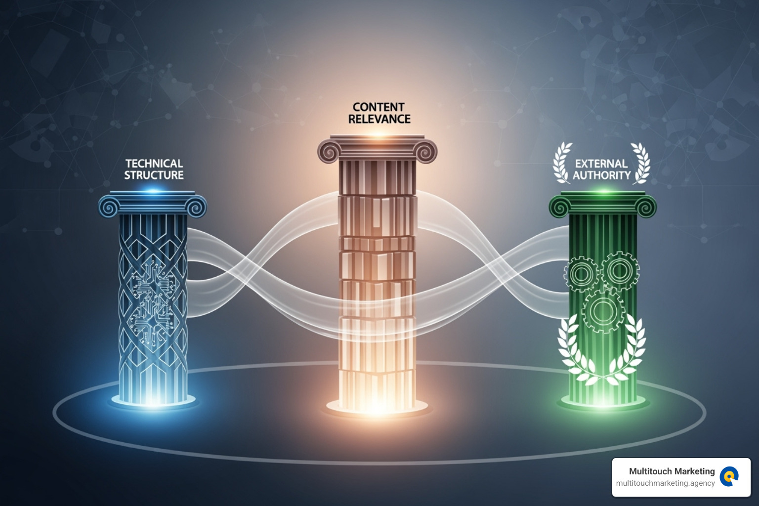 A diagram showing the three interconnected pillars of SEO: Technical SEO (foundation), On-Page SEO (content and relevance), and Off-Page SEO (authority and trust). - Chapel Hill SEO company