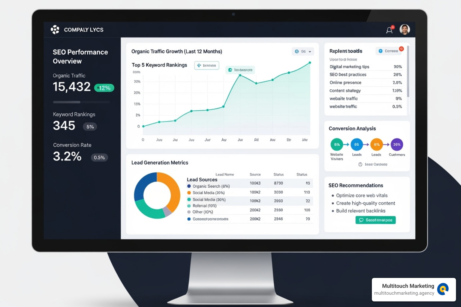 A dashboard displaying various SEO analytics and growth charts, including organic traffic, keyword rankings, conversion rates, and lead generation metrics. - Chapel Hill SEO company
