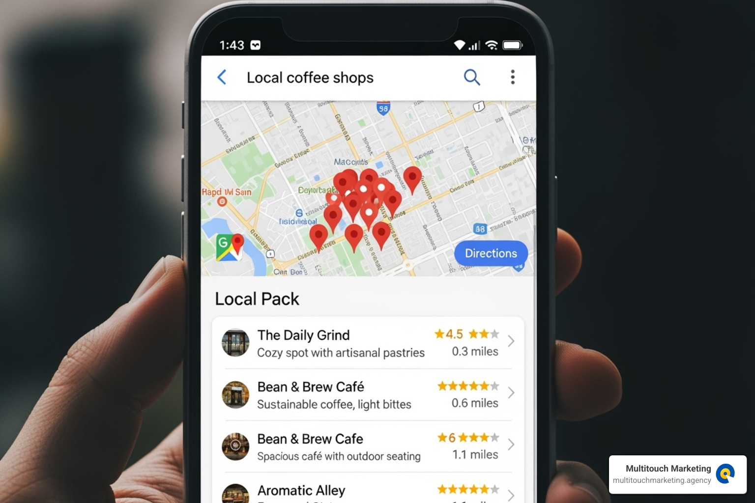 A Google Maps search result showing a local business prominently displayed in the "Local Pack" for a search query like "coffee shops Chapel Hill NC". - Chapel Hill SEO company