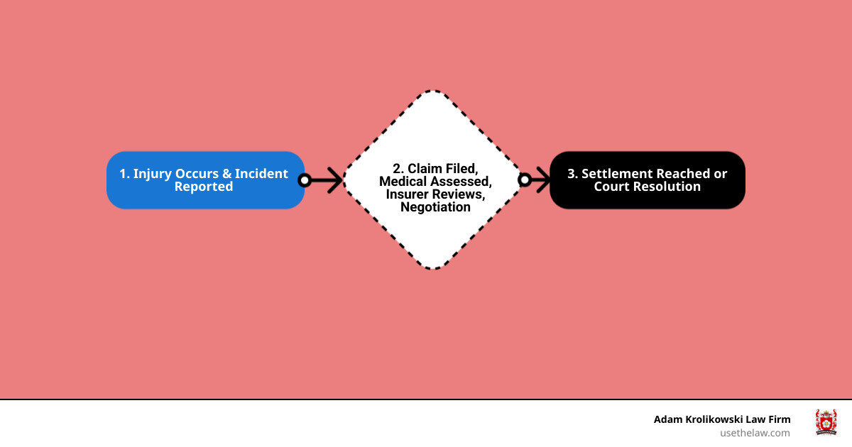 Infographic showing the injury compensation claim timeline: 1. Injury Occurs - Seek immediate medical help; 2. Report Incident - Notify employer within days or file police report; 3. File Claim - Submit to WSIB/insurance within weeks; 4. Medical Assessment - Obtain diagnosis and treatment records; 5. Claim Review - Insurer investigates (20-90 days); 6. Negotiation - Discuss settlement amounts; 7. Settlement or Court - Resolve claim (3-24+ months from injury) - injury compensation claim infographic flowmap_simple Infographic showing the injury compensation claim timeline: 1. Injury Occurs - Seek immediate medical help; 2. Report Incident - Notify employer within days or file police report; 3. File Claim - Submit to WSIB/insurance within weeks; 4. Medical Assessment - Obtain diagnosis and treatment records; 5. Claim Review - Insurer investigates (20-90 days); 6. Negotiation - Discuss settlement amounts; 7. Settlement or Court - Resolve claim (3-24+ months from injury) - injury compensation claim infographic flowmap_simple