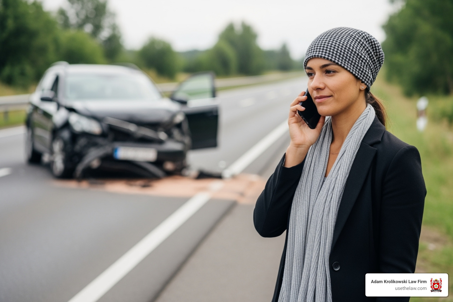 Person safely on the phone after a car accident - injury compensation claim Person safely on the phone after a car accident - injury compensation claim