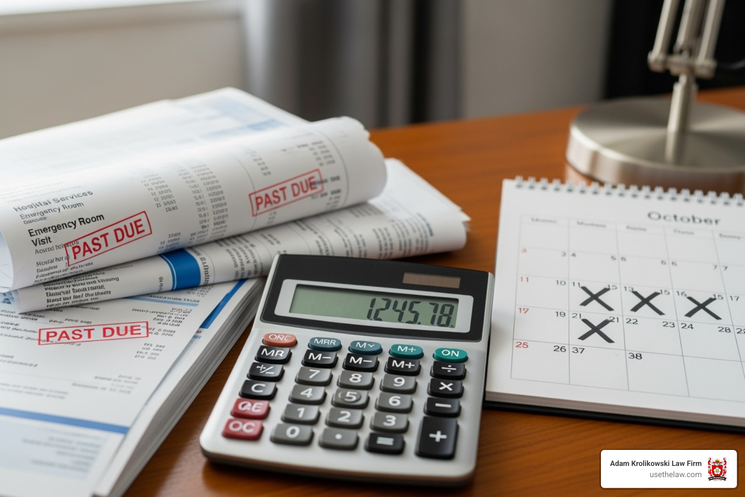Calculator next to medical bills and a calendar showing missed work days - injury compensation claim Calculator next to medical bills and a calendar showing missed work days - injury compensation claim