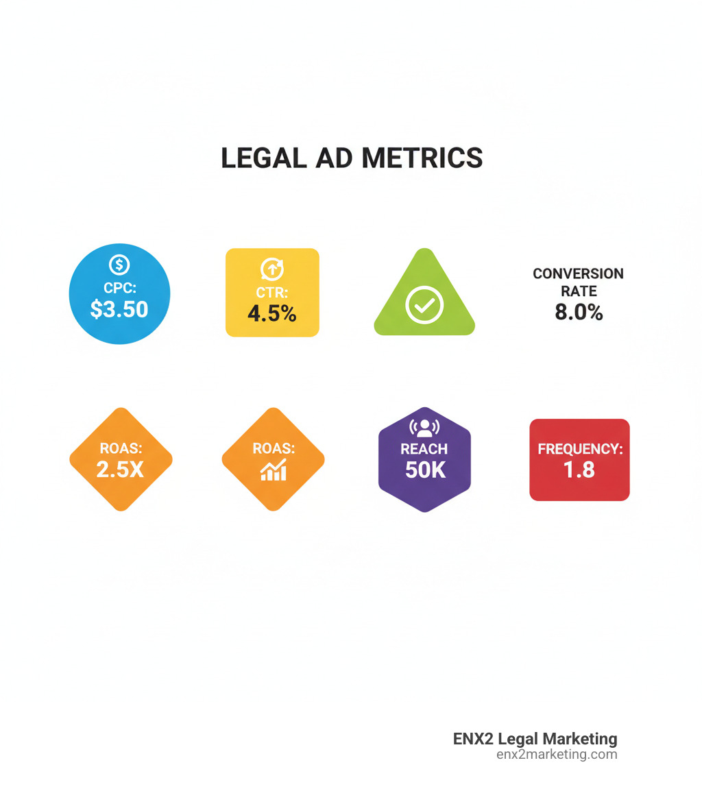 infographic showing key Facebook ad metrics for lawyers: CPC, CTR, Conversion Rate, ROAS, Reach, and Frequency - Facebook marketing for lawyers infographic 
