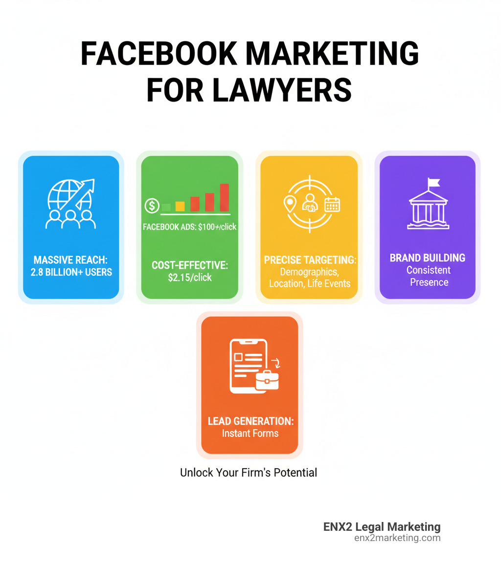 infographic showing Facebook marketing benefits for lawyers including massive reach of 2.8 billion users, cost comparison showing Facebook ads at $2.15 vs Google ads at $100 per keyword, targeting options like demographics location and life events, lead generation capabilities with instant forms, and brand building through consistent presence - Facebook marketing for lawyers infographic 