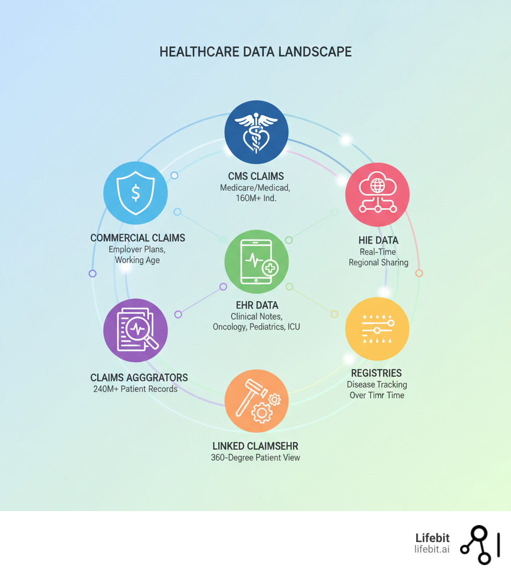 Infographic showing the landscape of healthcare data sources: Commercial Claims (employer plans, working-age population), CMS Claims (Medicare/Medicaid, 160M+ individuals), Claims Aggregators (240M+ patient records), EHR Data (clinical notes, labs, images), Specialty EHR (oncology/pediatrics/ICU-specific), Linked Claims-EHR (360-degree patient view), Registries (disease tracking over time), and HIE Data (real-time regional sharing) - : Provide health care data (e.g., commercial and Centers for Medicare & Medicaid Services (CMS)) claims data, commercial claims aggregators data, claims data linked to electronic health records (EHR) data, specialty EHR Data (e.g., oncology, pediatrics, geriatrics, hospital intensive care unit (ICU)), disease or product registry or registry network data, and Health Information Exchange (HIE) Data). infographic 