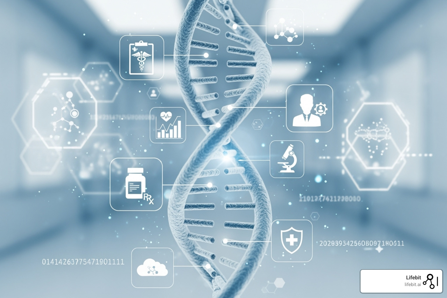 DNA helix intertwined with patient data icons, symbolizing personalized medicine - : Provide health care data (e.g., commercial and Centers for Medicare & Medicaid Services (CMS)) claims data, commercial claims aggregators data, claims data linked to electronic health records (EHR) data, specialty EHR Data (e.g., oncology, pediatrics, geriatrics, hospital intensive care unit (ICU)), disease or product registry or registry network data, and Health Information Exchange (HIE) Data).
