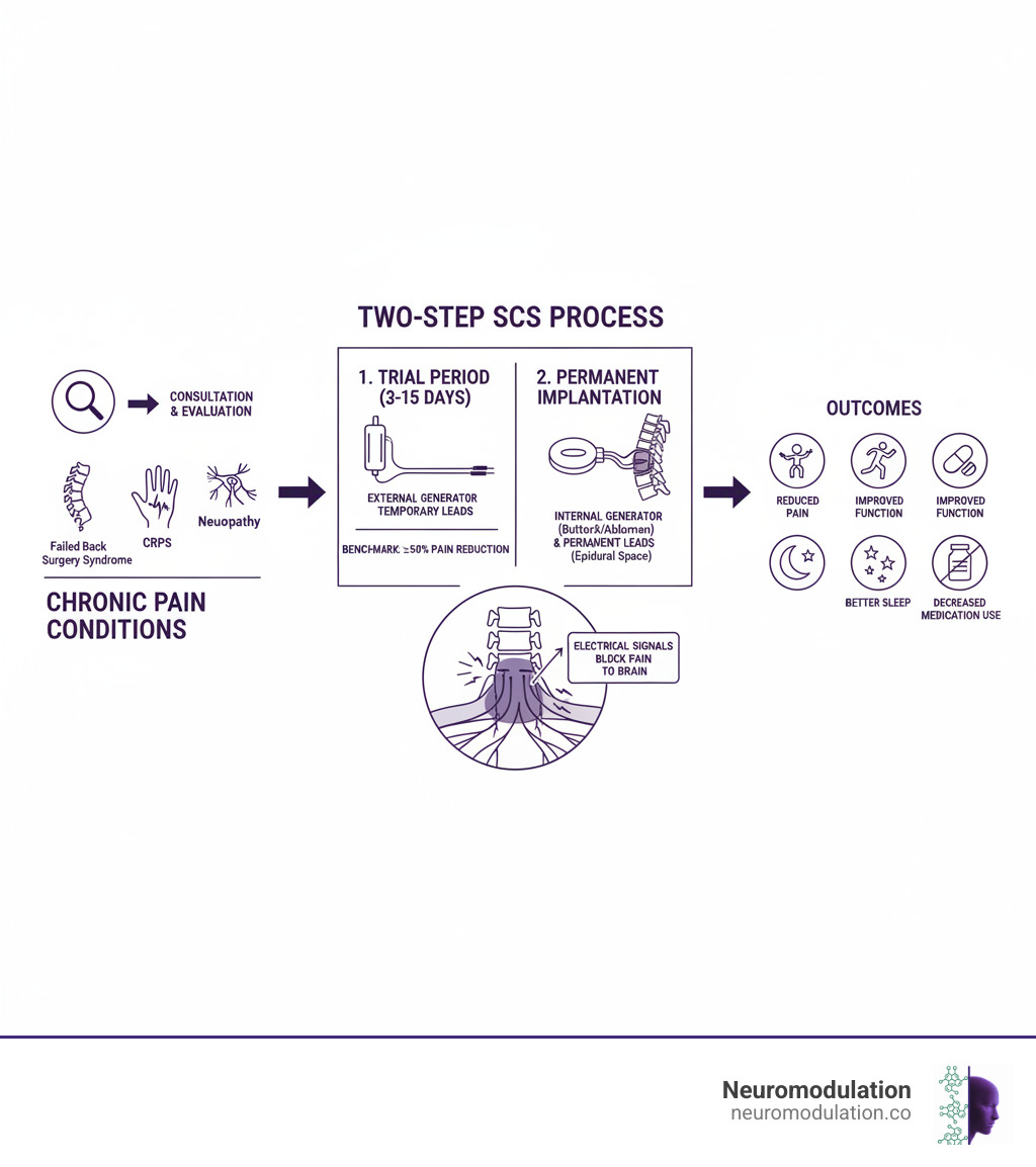 Comprehensive infographic showing the complete SCS treatment pathway: chronic pain conditions on the left (failed back surgery syndrome, CRPS, neuropathy), leading to consultation and evaluation, then the two-step SCS process with trial period (showing external generator and temporary leads for 3-15 days with 50% pain reduction benchmark), followed by permanent implantation (showing internal generator placement in buttock/abdomen with permanent leads in epidural space), and finally outcomes including reduced pain, improved function, better sleep, and decreased medication use. Includes anatomical cross-section showing lead placement relative to spinal cord and nerve roots, with electrical signals blocking pain pathways to the brain. - spinal stimulation for pain infographic 