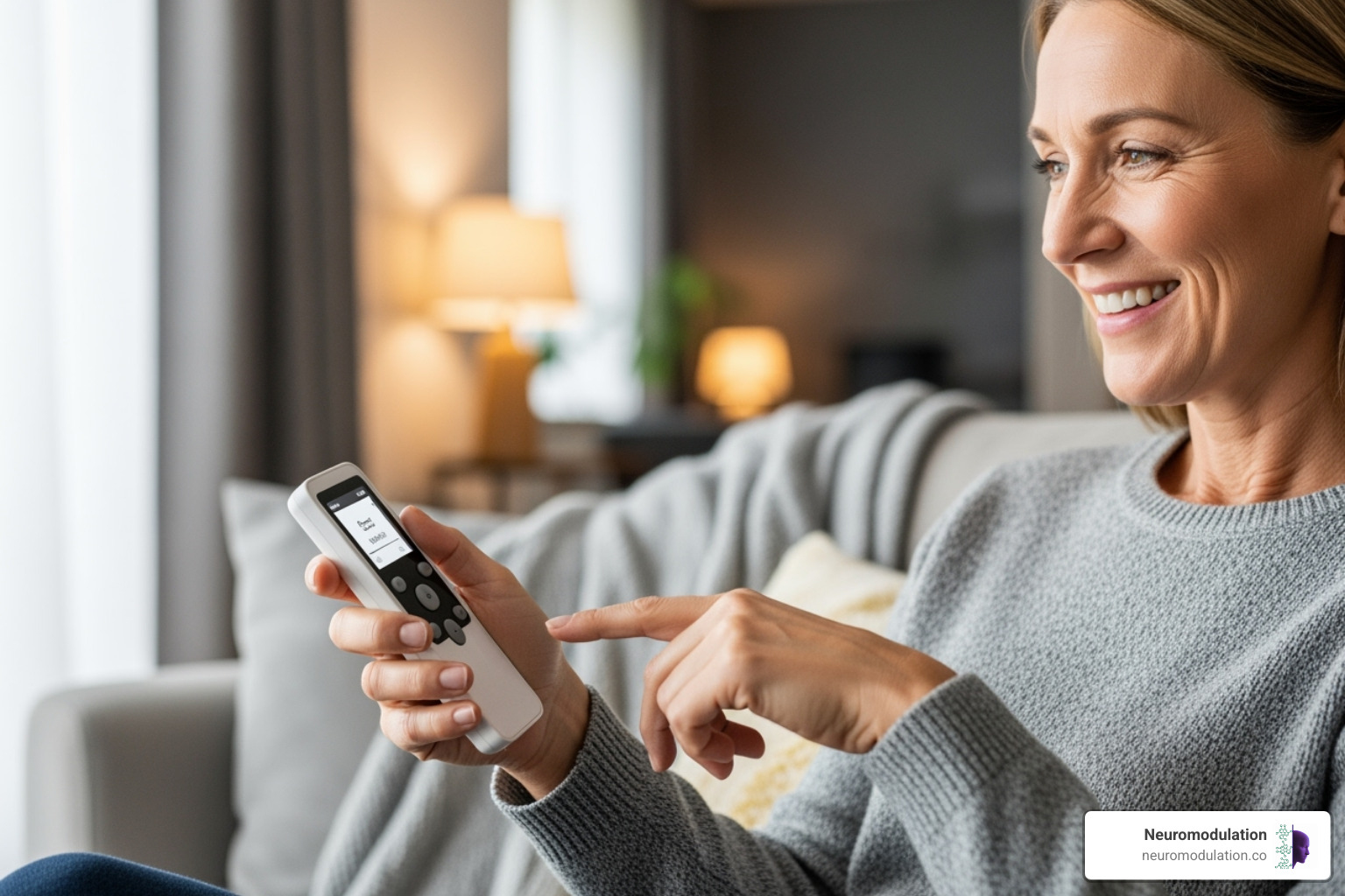 A patient smiles while comfortably using a small remote control to adjust their implanted spinal cord stimulator device, demonstrating ease of use and improved quality of life. - spinal stimulation for pain