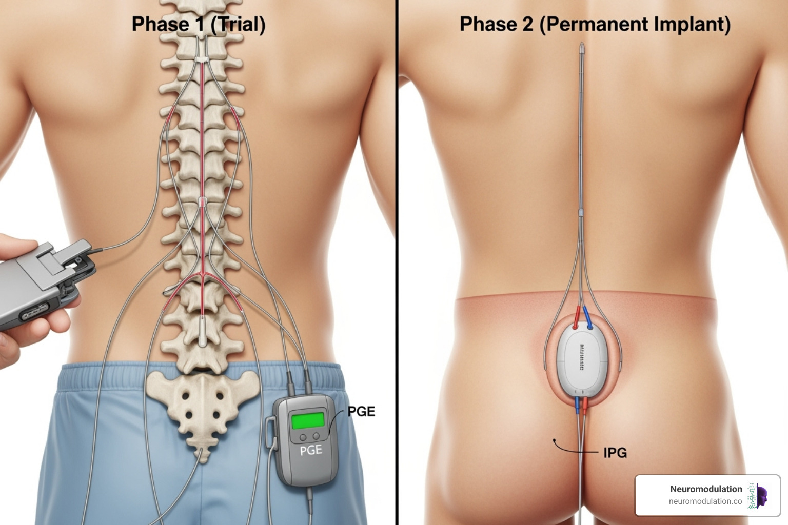 Diagram showing the two distinct phases of Spinal Cord Stimulation: Phase 1 (Trial) depicts an external pulse generator connected via temporary leads inserted into the epidural space, while Phase 2 (Permanent Implant) shows an internal pulse generator surgically placed under the skin (e.g., in the buttock or abdomen) connected to permanent leads positioned in the epidural space. - spinal stimulation for pain