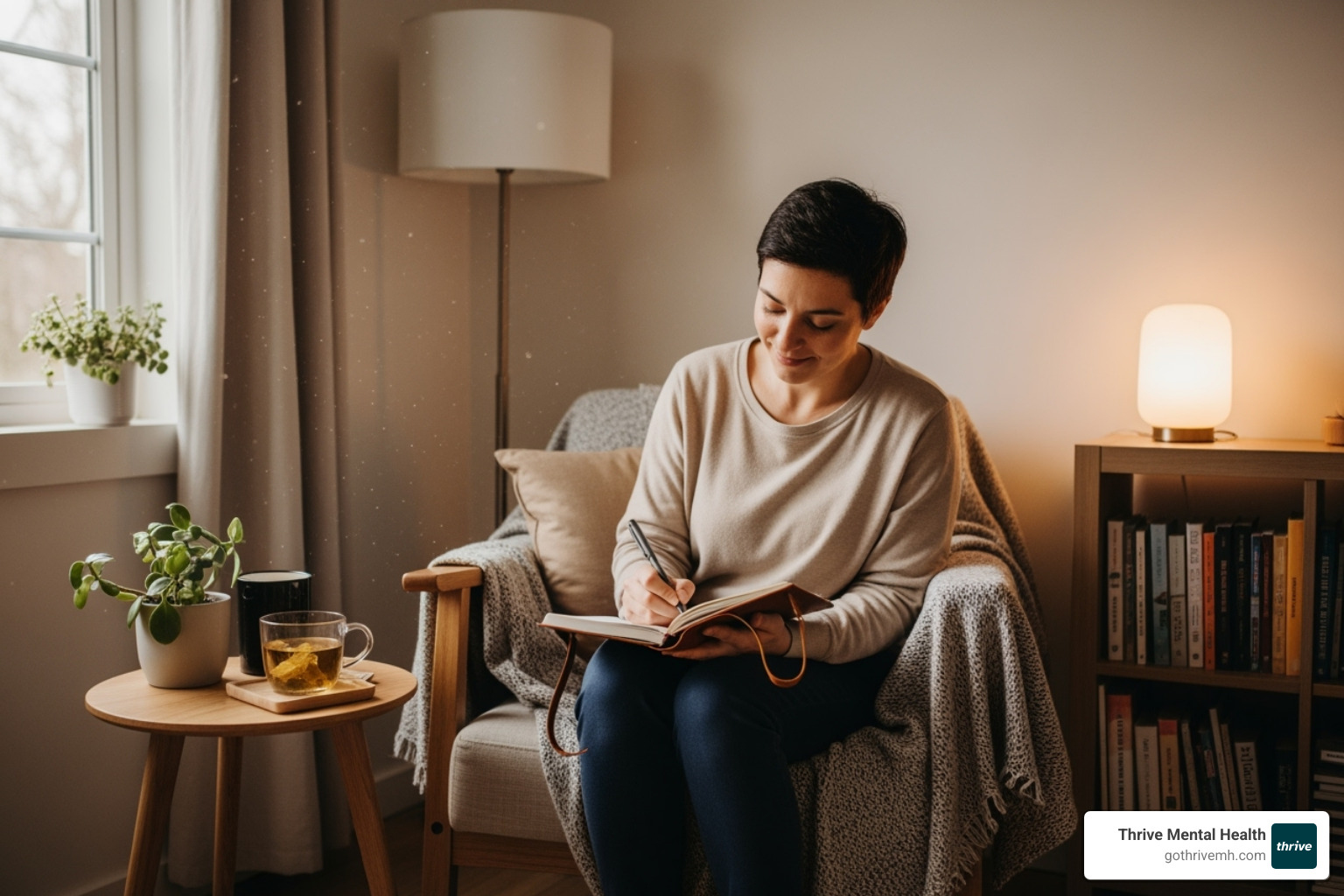 person journaling peacefully in a calm setting - How Do You Stop Thinking About the Past?