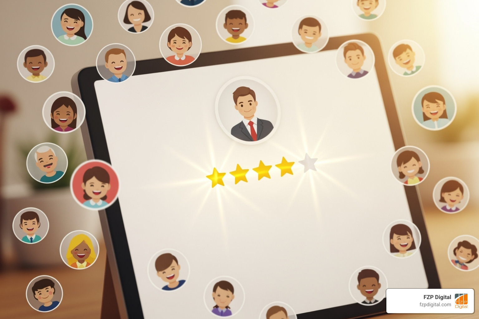 business profile with a 5-star rating and many happy customer icons - fix bad reviews