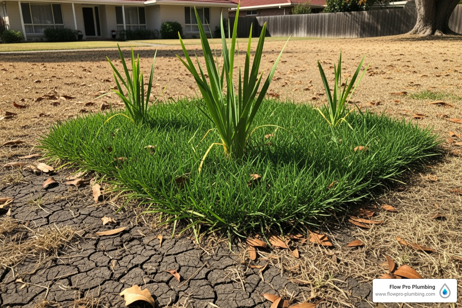a patch of unusually green grass in a dry yard - water main repair Brentwood a patch of unusually green grass in a dry yard - water main repair Brentwood