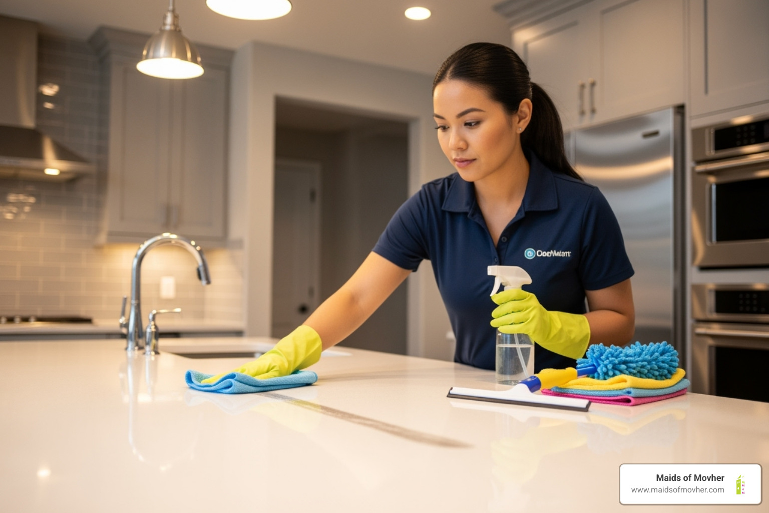 A cleaning professional carefully wiping down a sparkling clean kitchen countertop. - professional cleaning services washington A cleaning professional carefully wiping down a sparkling clean kitchen countertop. - professional cleaning services washington