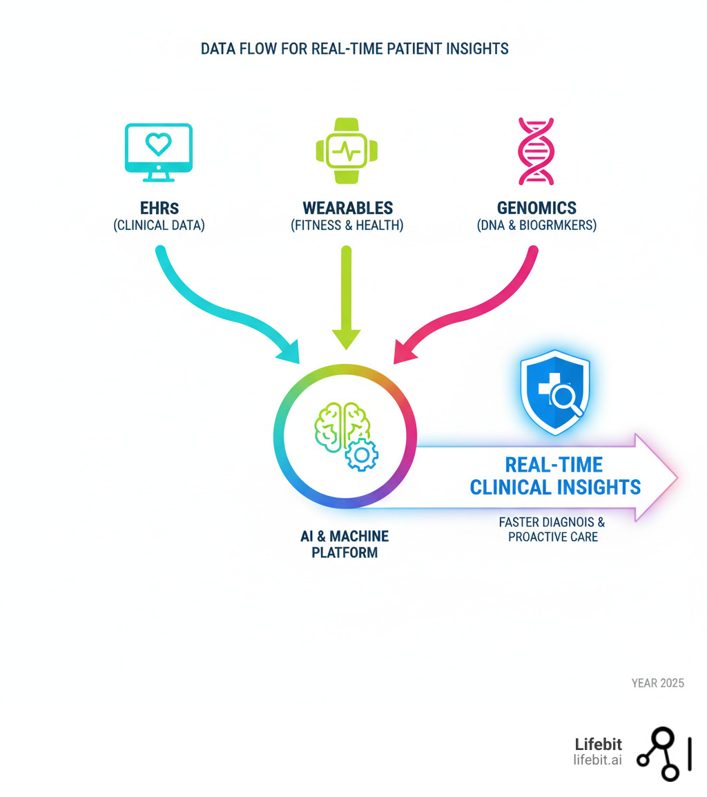 infographic showing data flow from EHR, wearables, and genomics to real-time clinical insights - Real-time patient insights infographic 