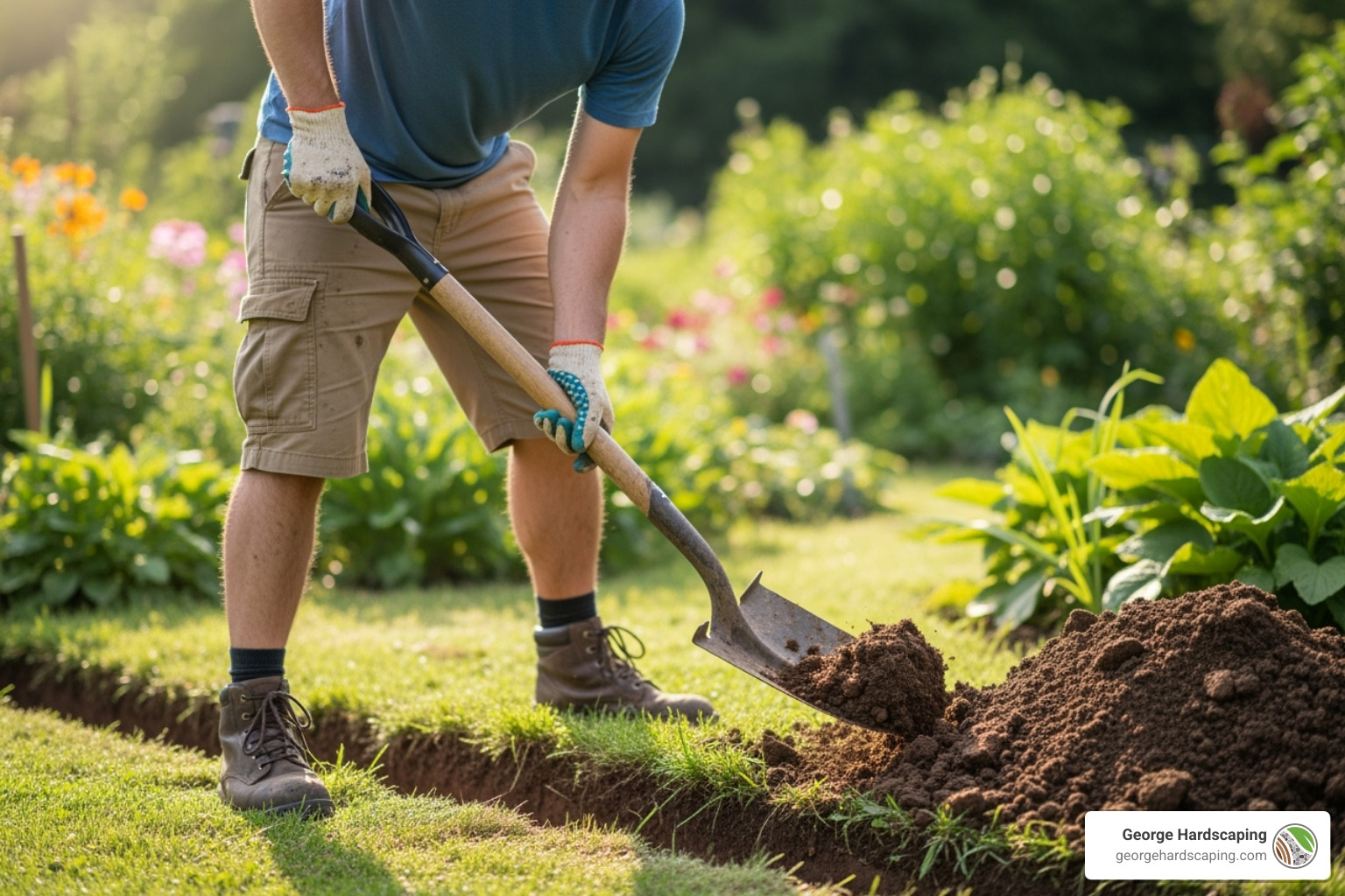 Man preparing trench for garden wall construction - Garden wall construction