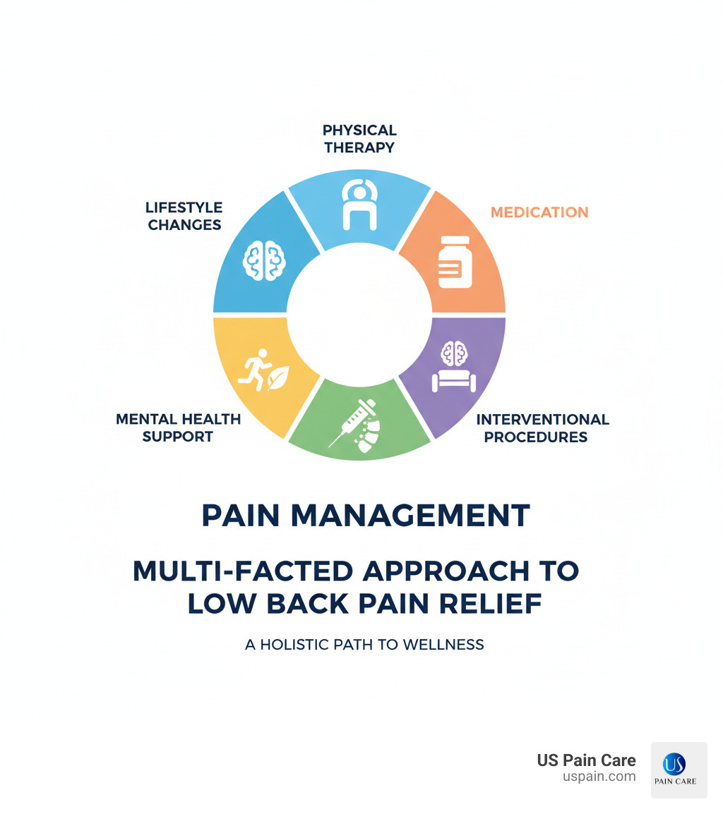 infographic showing the multi-faceted approach to pain management, including physical therapy, medication, interventional procedures, mental health support, and lifestyle changes - what are possible medical treatments for low back pain infographic 