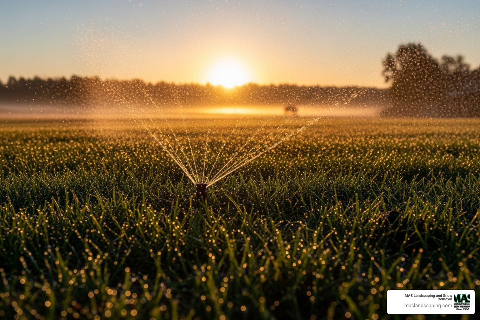 sprinkler watering a newly seeded lawn at sunrise - complete lawn makeover