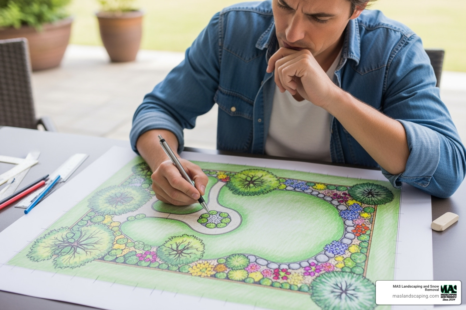 homeowner sketching a plan for their yard - complete lawn makeover