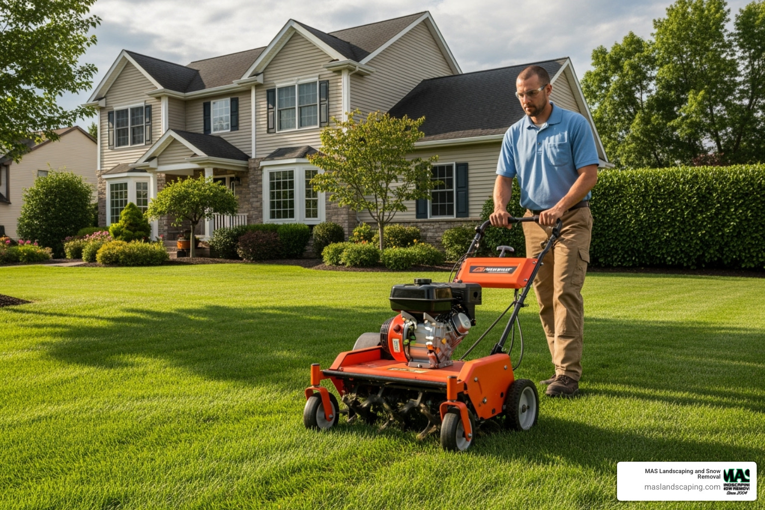 landscaper operating a core aerator on a lawn - complete lawn makeover