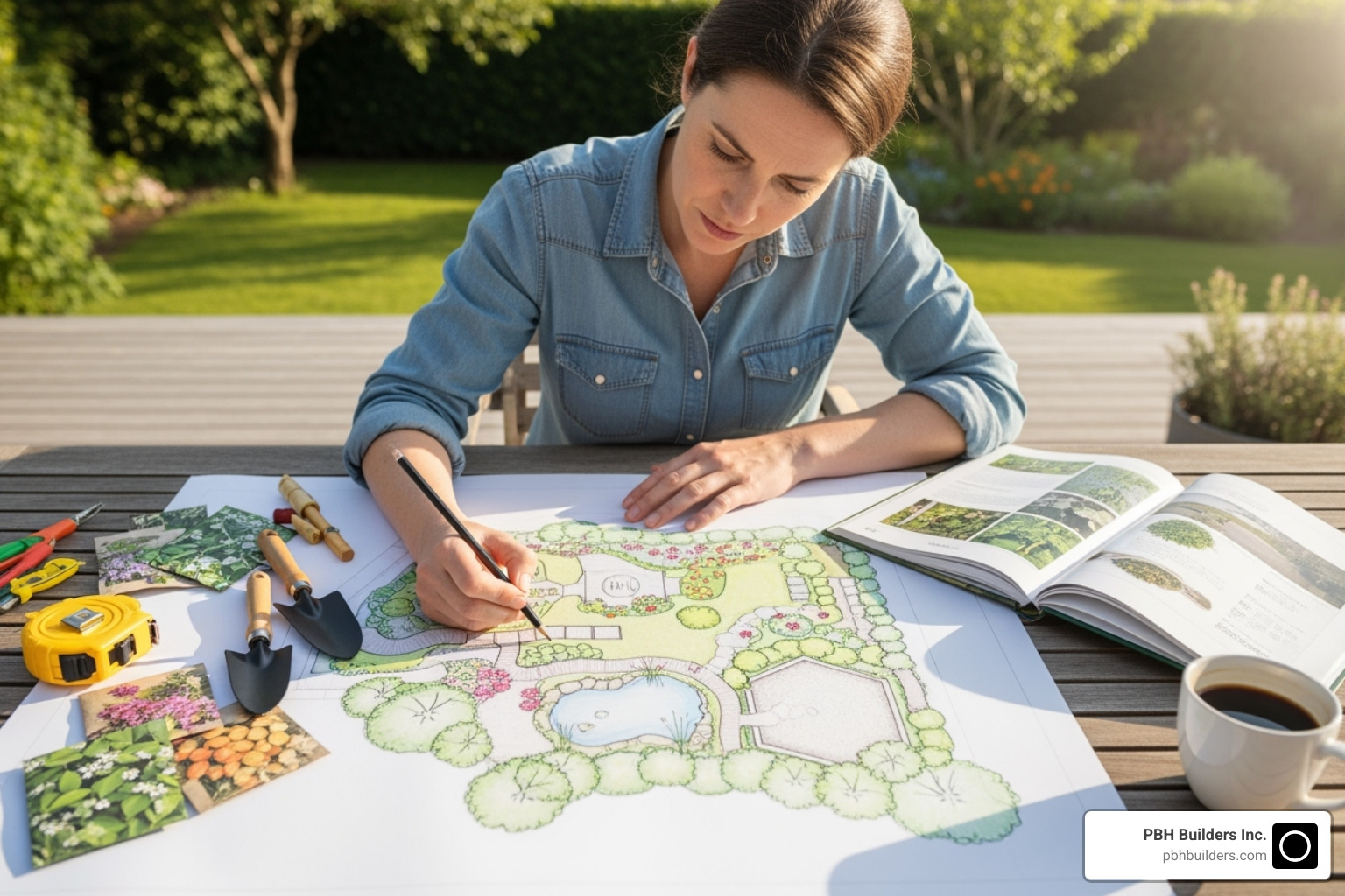 homeowner sketching landscape plan - Backyard landscape design