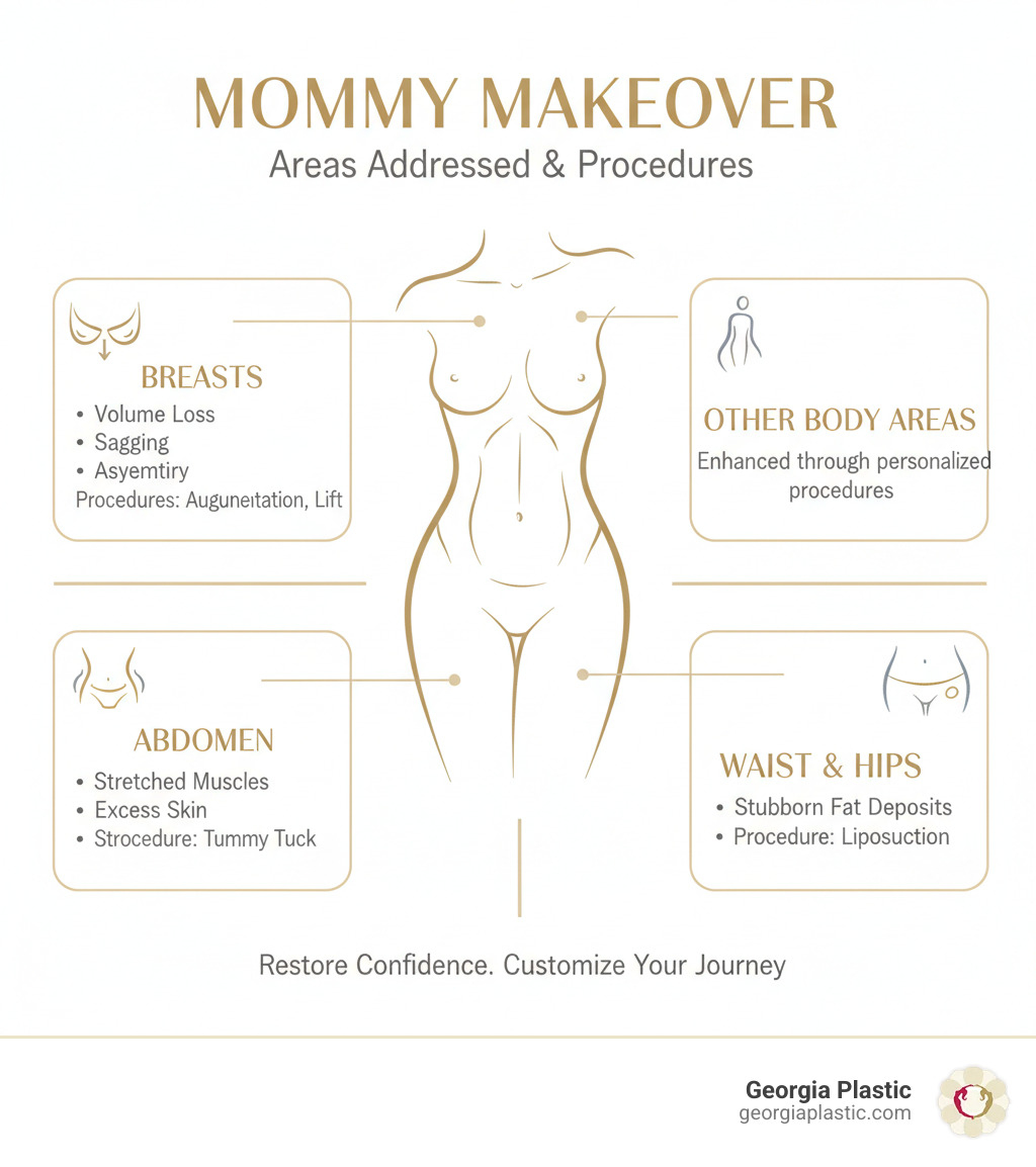 Infographic showing the common areas addressed by a mommy makeover: breasts (volume loss, sagging, asymmetry), abdomen (stretched muscles, excess skin, stretch marks), waist and hips (stubborn fat deposits), and other body areas that can be enhanced through procedures like breast augmentation, breast lift, tummy tuck, and liposuction - mommy makeover free consultation infographic 