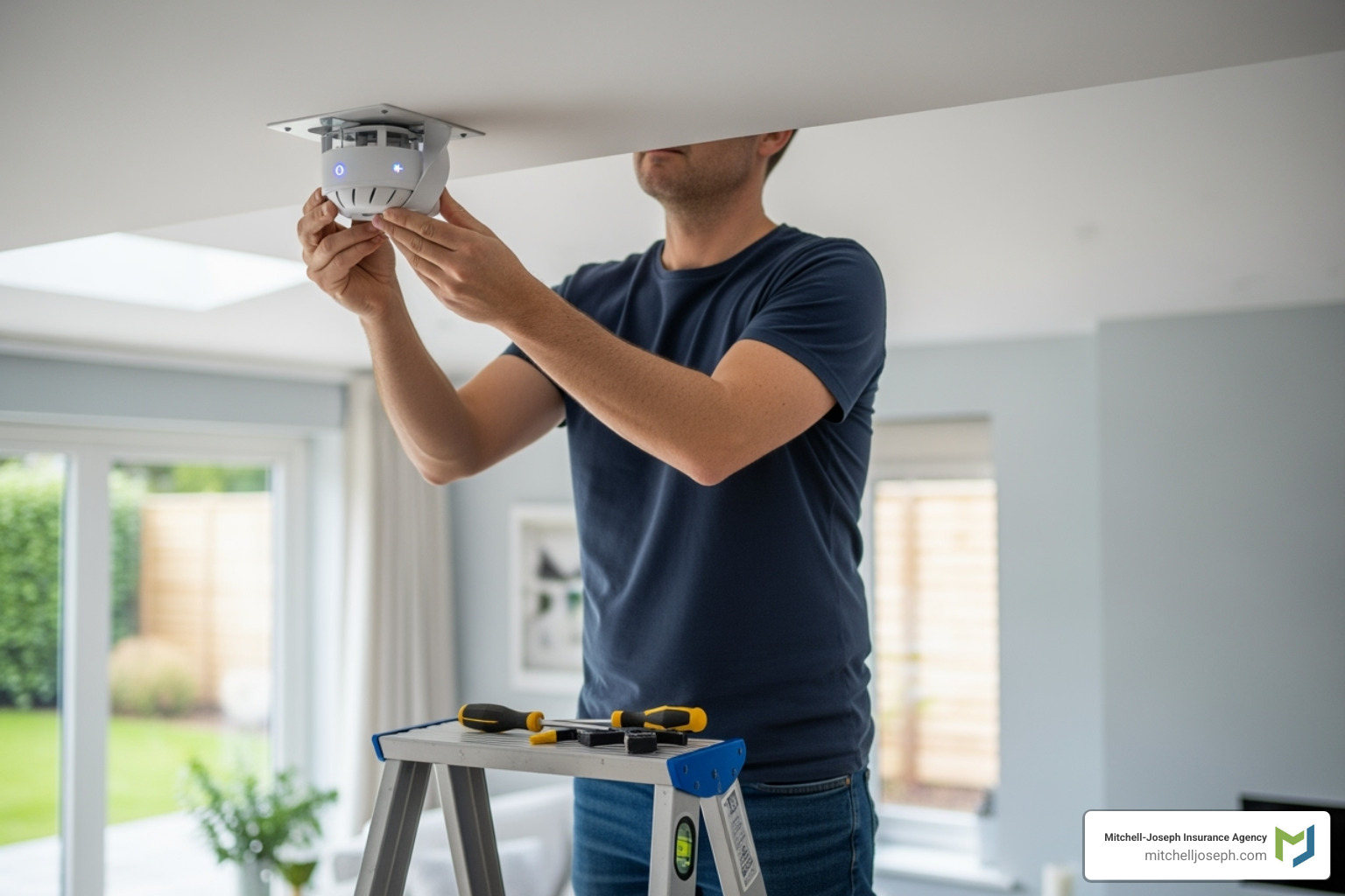 homeowner installing smart smoke detector - Save on home insurance