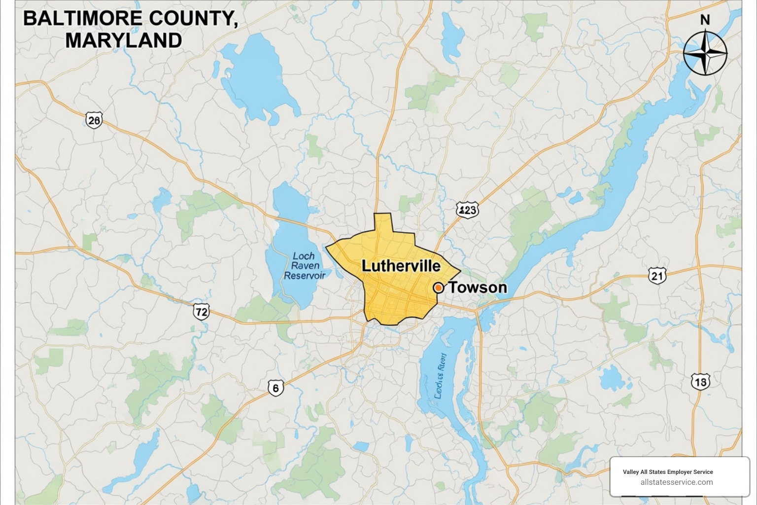 a map highlighting Lutherville and Towson in Baltimore County - I-9 form verification Lutherville