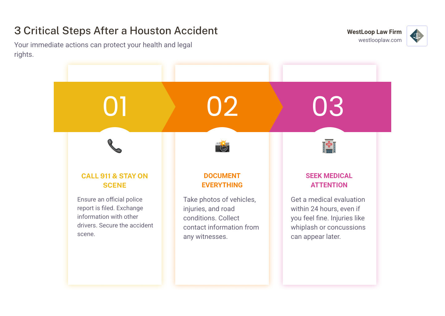 Infographic showing three critical steps after a Houston car accident: 1. Call 911 and stay at the scene to get an official police report, 2. Document everything with photos of vehicles, injuries, road conditions, and get witness contact information, 3. Seek medical attention within 24 hours even if you feel fine, as injuries like whiplash and concussions can appear later - houston accident lawyer near me infographic pillar-3-steps