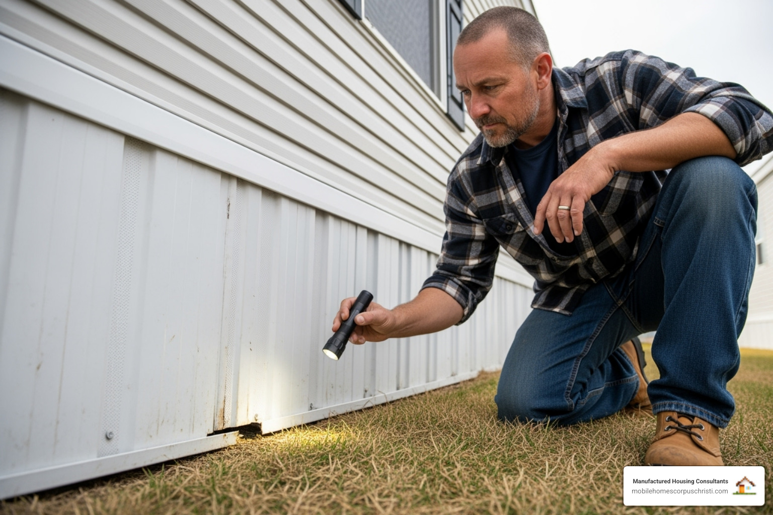 person inspecting the skirting of a mobile home - buy used trailer home