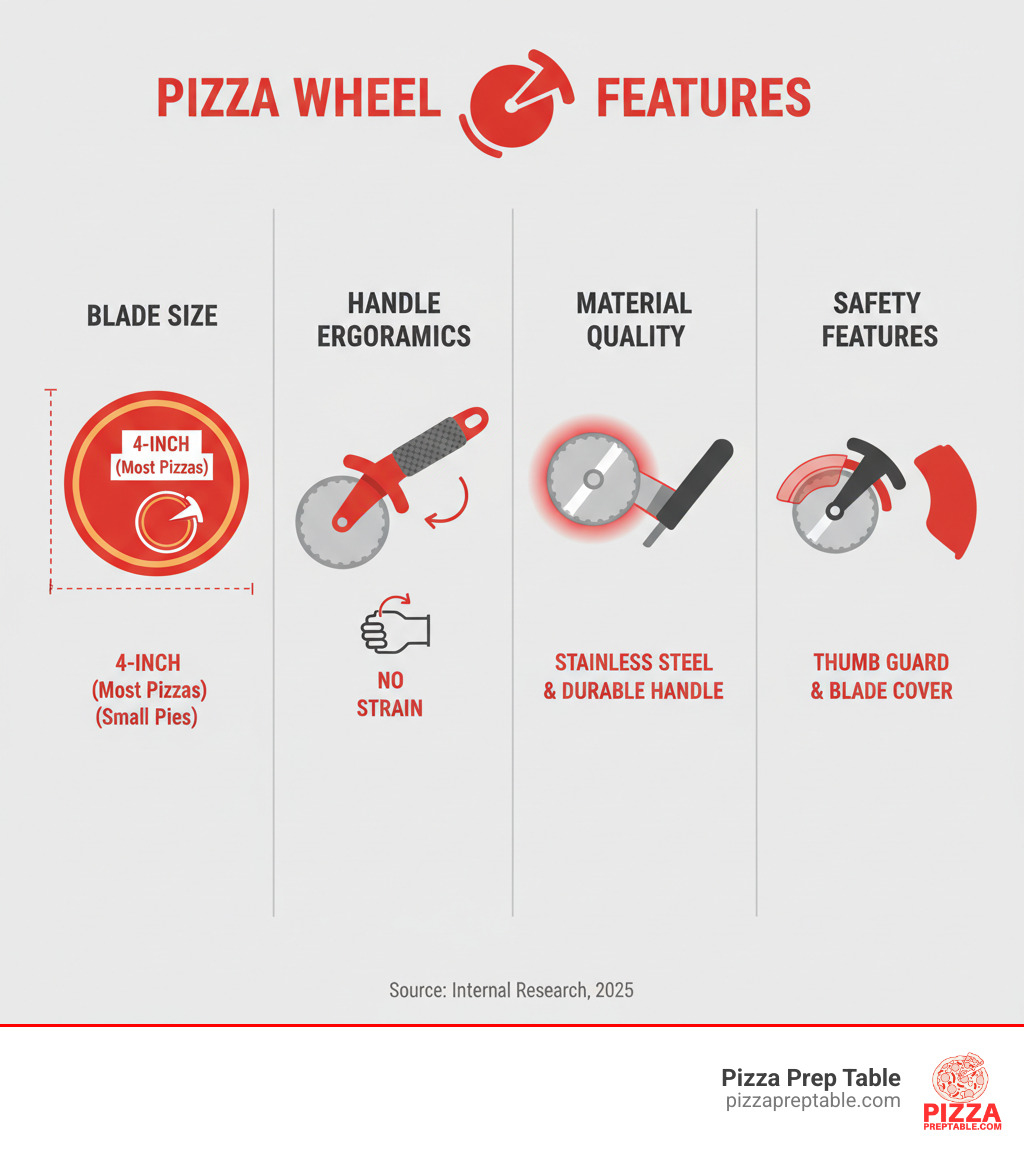 Infographic showing four key pizza wheel features: Blade Size (4-inch diameter recommended for most pizzas, 2.5-inch for smaller pies), Handle Ergonomics (offset design with soft grip reduces wrist strain), Material Quality (stainless steel blade with durable handle construction), and Safety Features (thumb guard and protective blade cover for storage) - pizza wheel infographic 