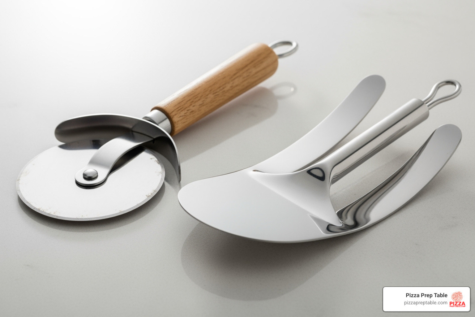 A classic pizza wheel next to a mezzaluna/rocker cutter - pizza wheel
