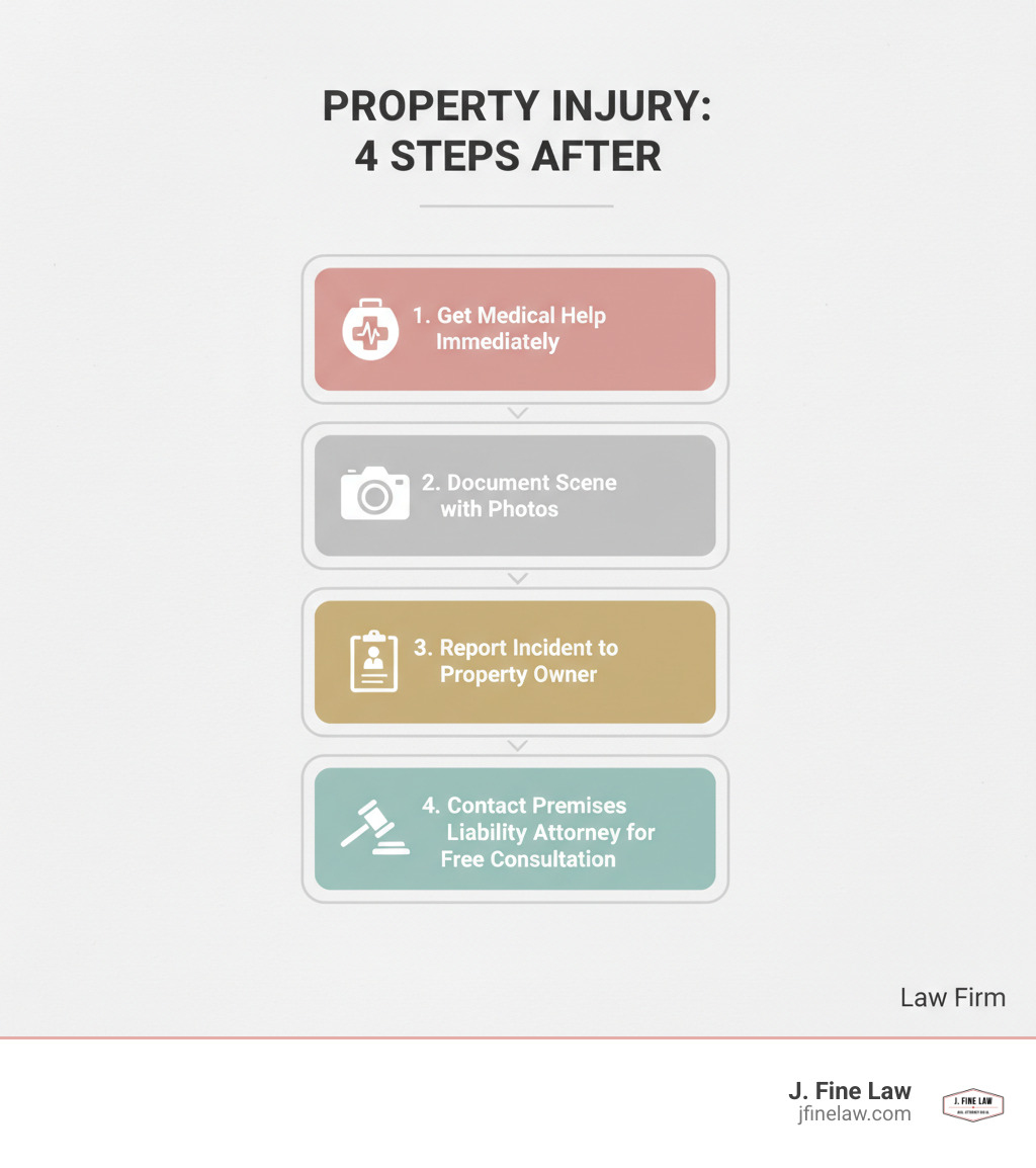 infographic showing 4 steps after property injury: 1. Get medical help immediately 2. Document the scene with photos 3. Report the incident to property owner 4. Contact a premises liability attorney for free consultation - premises liability lawyer near me infographic infographic showing 4 steps after property injury: 1. Get medical help immediately 2. Document the scene with photos 3. Report the incident to property owner 4. Contact a premises liability attorney for free consultation - premises liability lawyer near me infographic