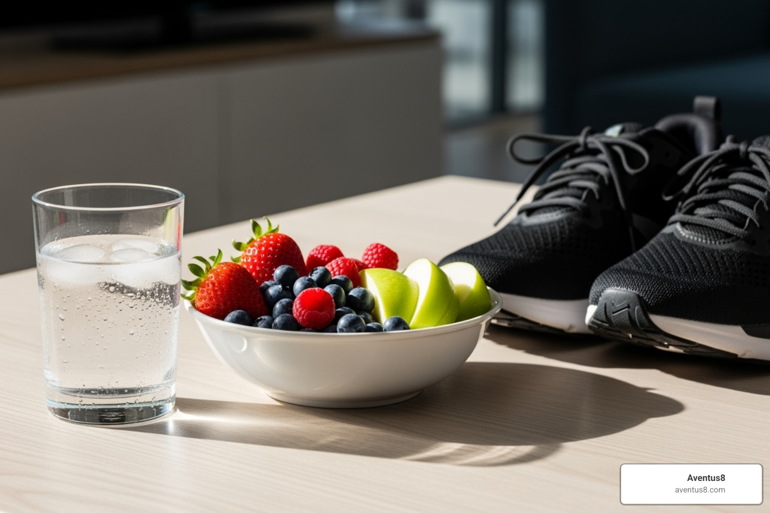 Healthy lifestyle elements: a glass of water, fresh fruit, and running shoes - how long thc vape pen stay in system