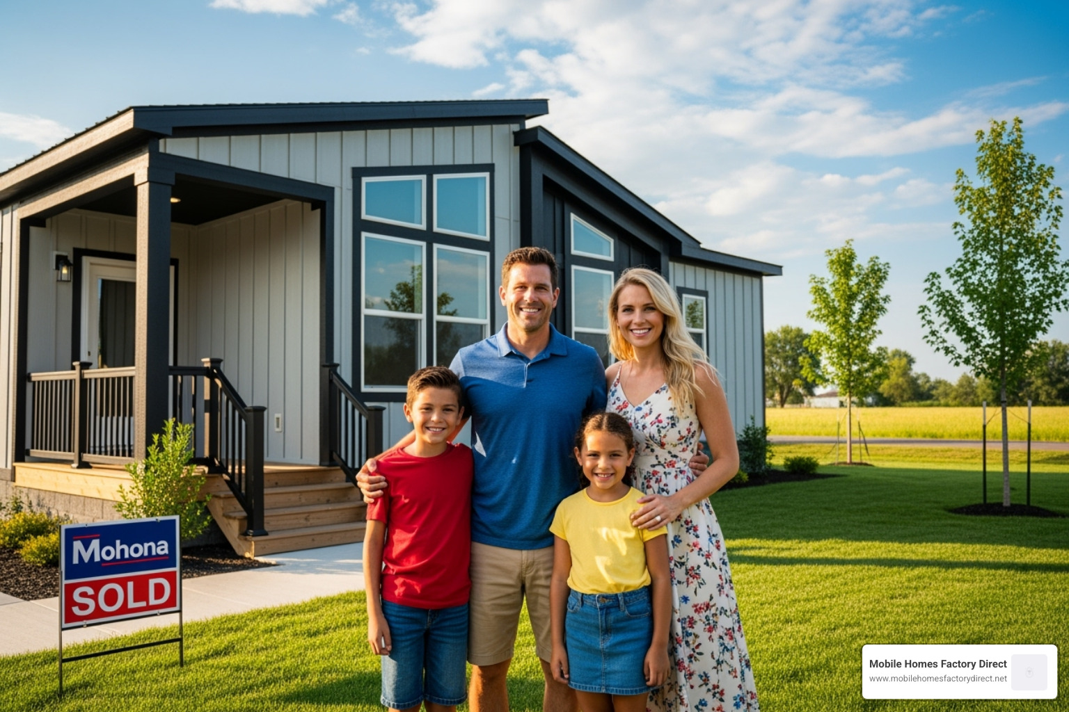 a family standing in front of their new mobile home - mobile home financing