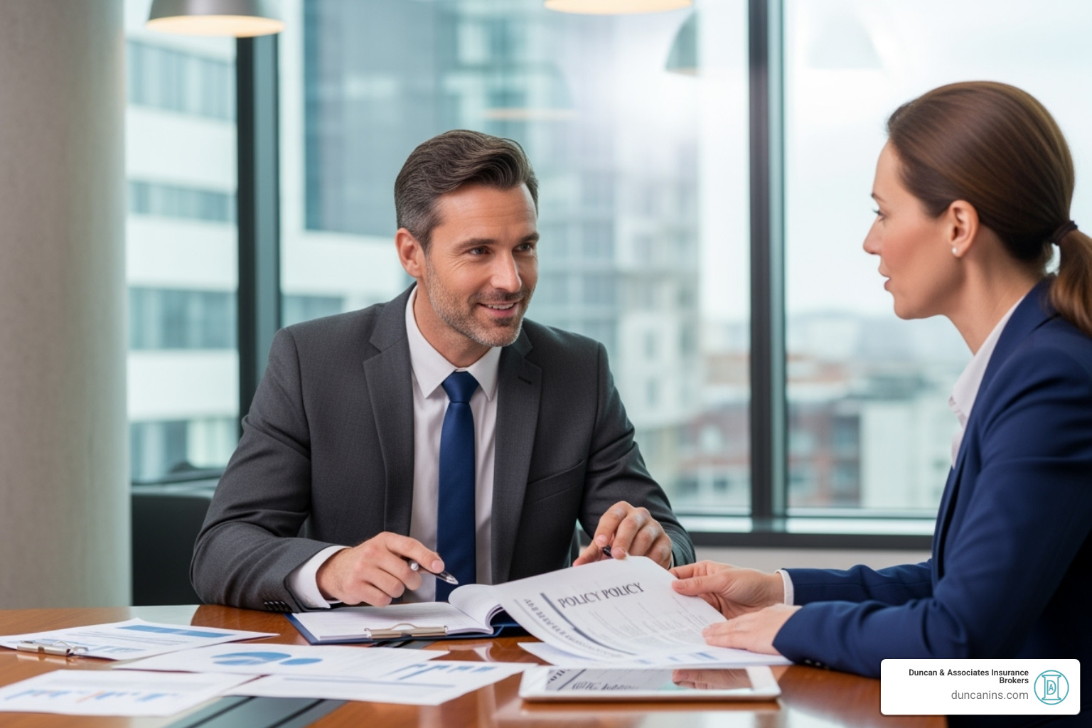 insurance broker discussing a policy with a client in a professional setting - hnw motor insurance