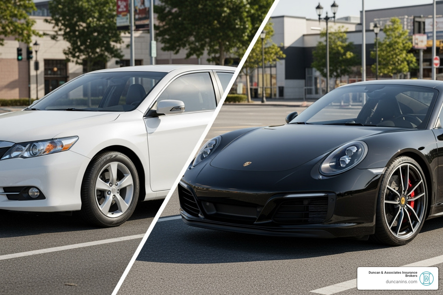 side-by-side comparison of a standard sedan and a high-performance luxury car - hnw motor insurance