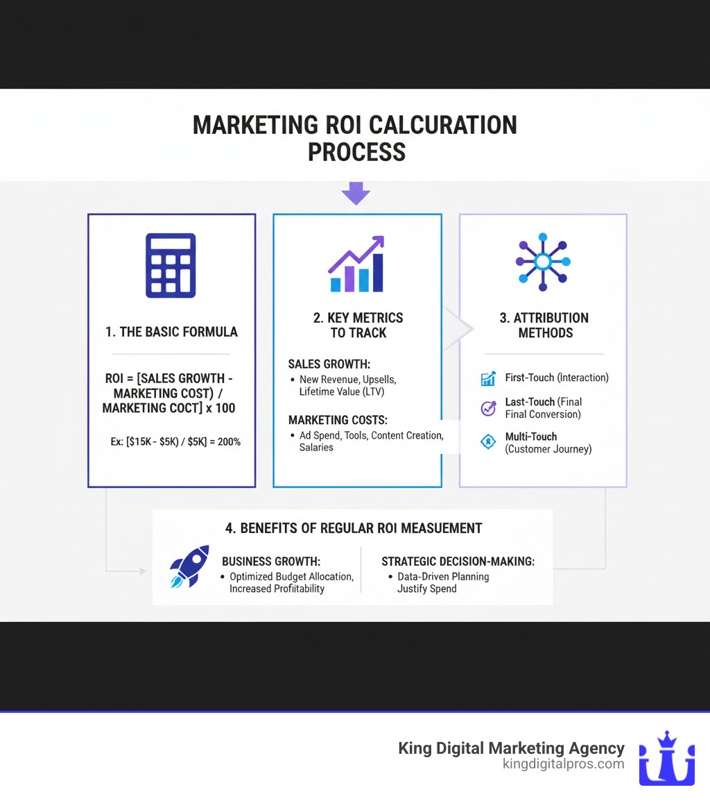 infographic showing the complete process of calculating marketing ROI, including the basic formula, key metrics to track like sales growth and marketing costs, different attribution methods, and the benefits of regular ROI measurement for business growth and strategic decision-making - how to measure marketing roi infographic 