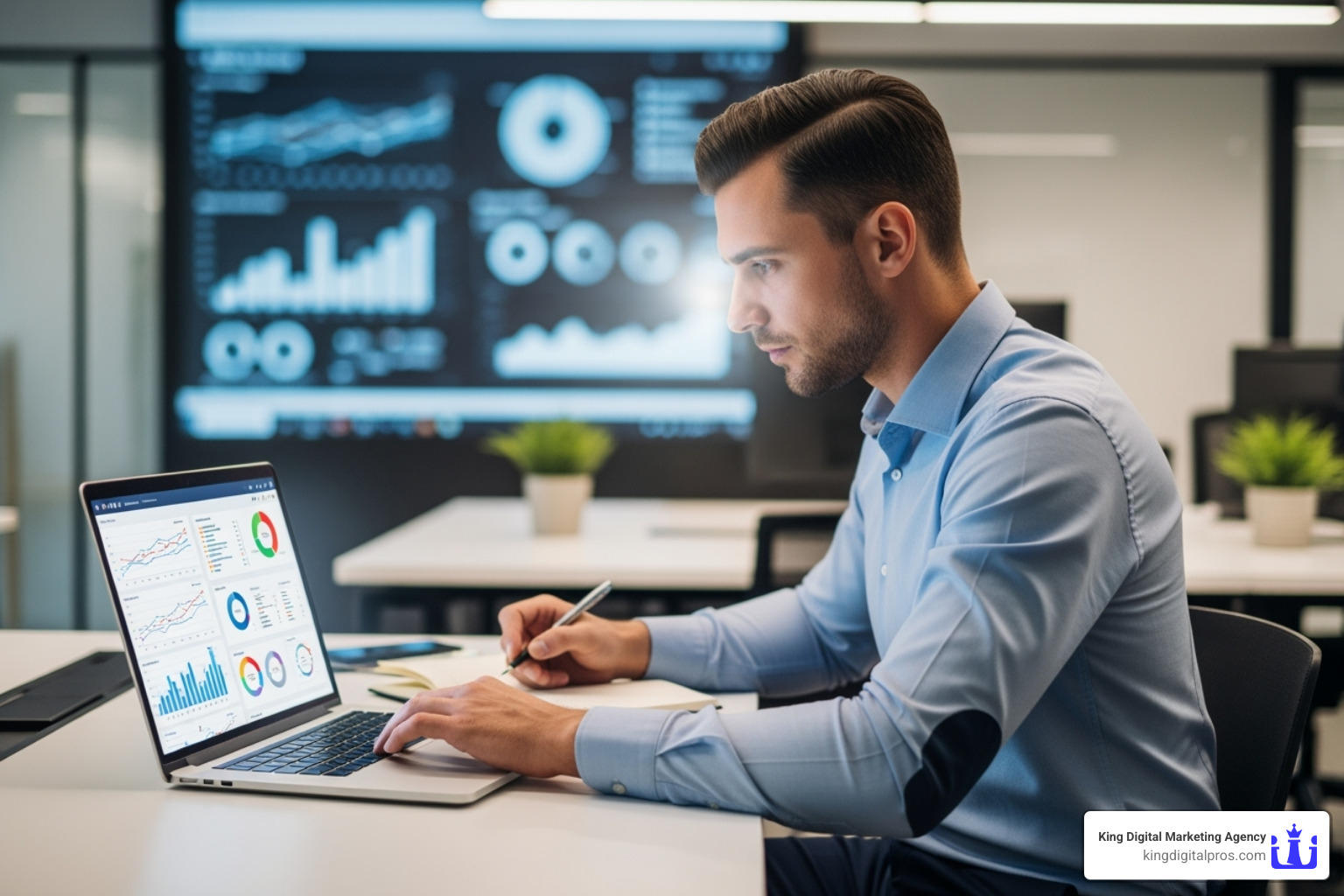 image of a marketer analyzing data on a laptop with charts in the background - how to measure marketing roi