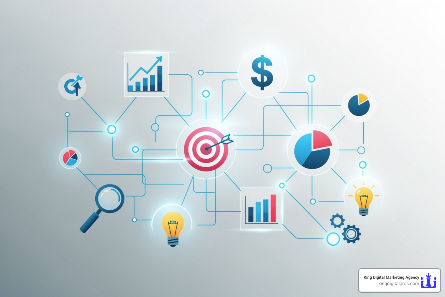 image of interconnected icons representing different marketing metrics - how to measure marketing roi