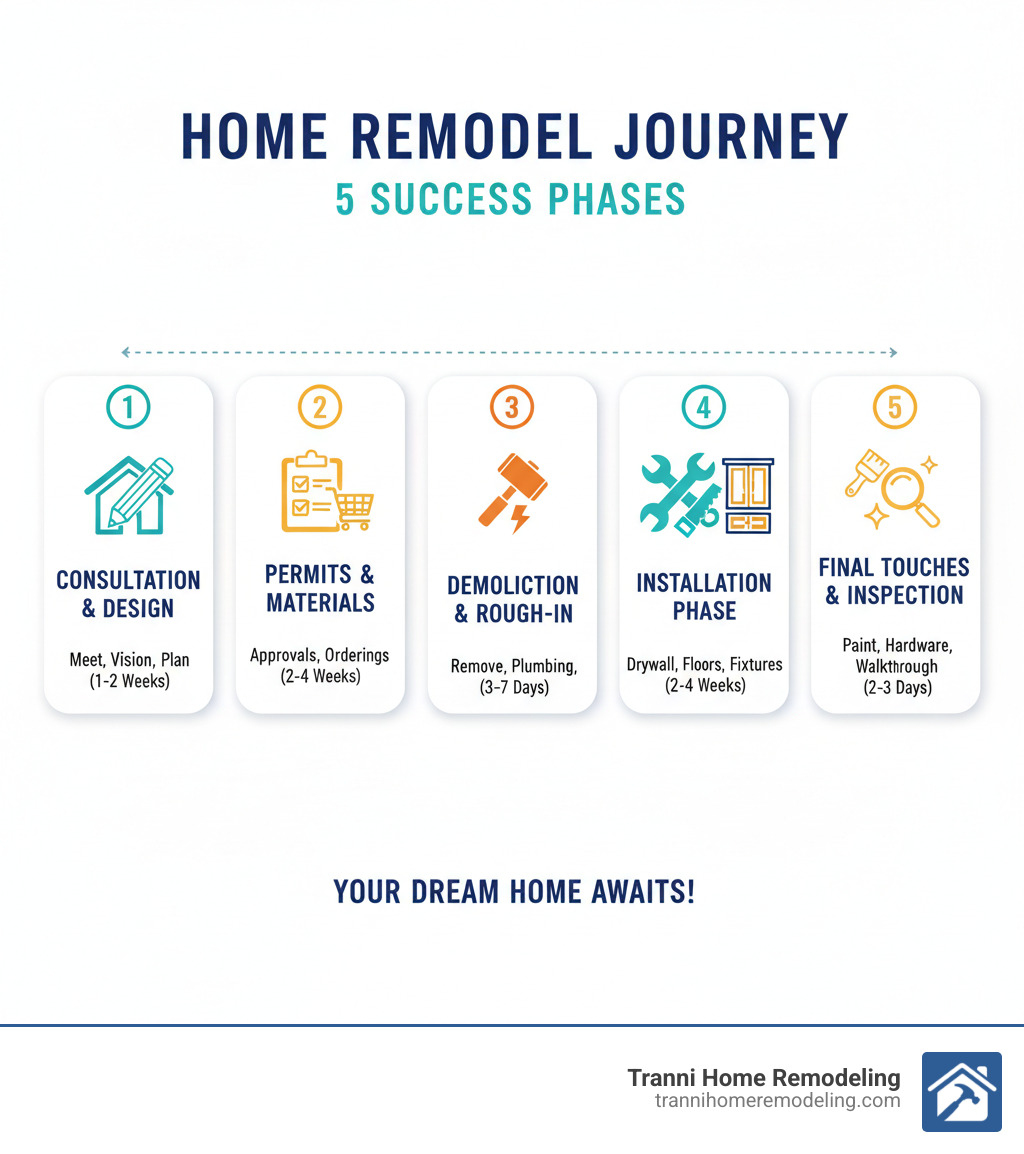 Infographic showing the 5 key phases of a successful home remodel: 1) Initial Consultation & Design (1-2 weeks) - Meet with contractor, discuss vision and budget, finalize design plans; 2) Permits & Material Ordering (2-4 weeks) - Secure necessary permits, order cabinets, countertops, fixtures, and flooring; 3) Demolition & Rough-In Work (3-7 days) - Remove old fixtures and materials, relocate plumbing and electrical as needed; 4) Installation Phase (2-4 weeks) - Install drywall, flooring, cabinets, countertops, and fixtures; 5) Final Touches & Inspection (2-3 days) - Paint, hardware installation, final walkthrough, and inspection - bath and kitchen remodel near me infographic Infographic showing the 5 key phases of a successful home remodel: 1) Initial Consultation & Design (1-2 weeks) - Meet with contractor, discuss vision and budget, finalize design plans; 2) Permits & Material Ordering (2-4 weeks) - Secure necessary permits, order cabinets, countertops, fixtures, and flooring; 3) Demolition & Rough-In Work (3-7 days) - Remove old fixtures and materials, relocate plumbing and electrical as needed; 4) Installation Phase (2-4 weeks) - Install drywall, flooring, cabinets, countertops, and fixtures; 5) Final Touches & Inspection (2-3 days) - Paint, hardware installation, final walkthrough, and inspection - bath and kitchen remodel near me infographic