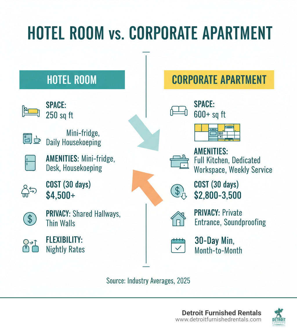Infographic comparing hotel rooms versus corporate apartments, showing differences in space (250 sq ft hotel room vs 600+ sq ft apartment), amenities (mini-fridge vs full kitchen, desk vs dedicated workspace, daily housekeeping vs weekly service), cost per month for 30-day stay (hotel $4,500+ vs corporate housing $2,800-3,500), privacy level (shared hallways and thin walls vs private entrance and soundproofing), and lease flexibility (nightly rates vs 30-day minimum with month-to-month options) - Corporate housing Midtown infographic 