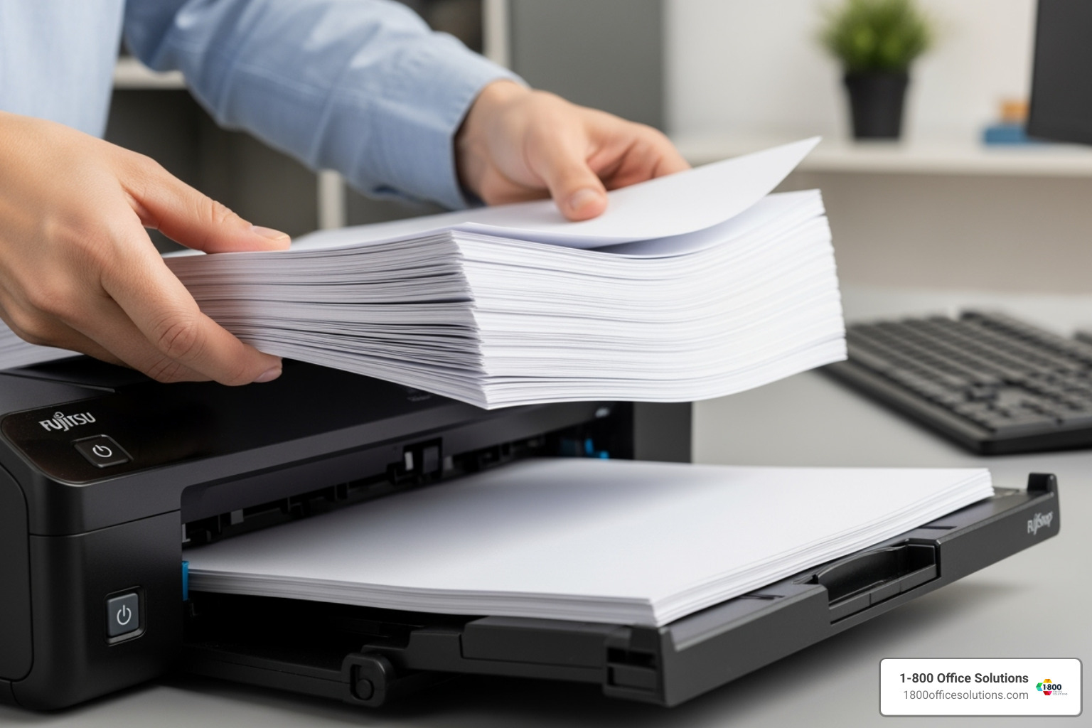 A user manually flipping a stack of papers to re-feed into a scanner's document feeder - Scan Double-Sided Documents A user manually flipping a stack of papers to re-feed into a scanner's document feeder - Scan Double-Sided Documents