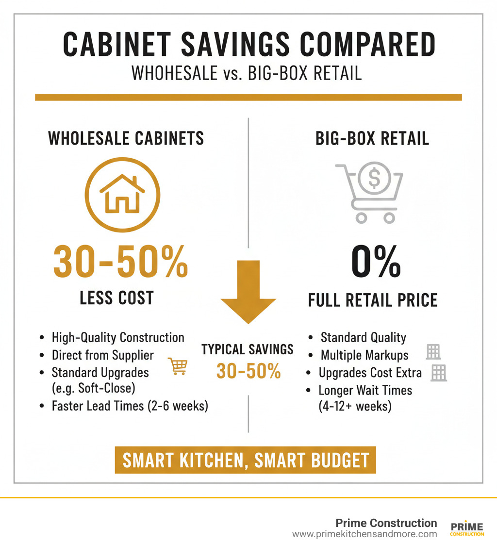 Infographic explaining the typical cost savings of wholesale cabinets compared to big-box retail prices. - cabinet wholesale near me infographic 