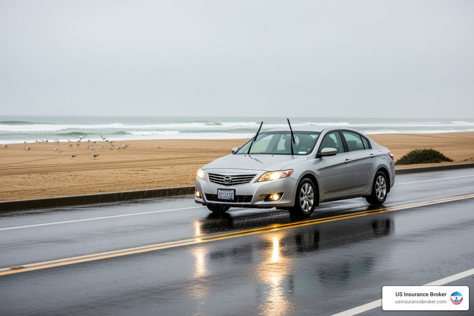 car driving safely in rain near beach - clearwater auto insurance quotes