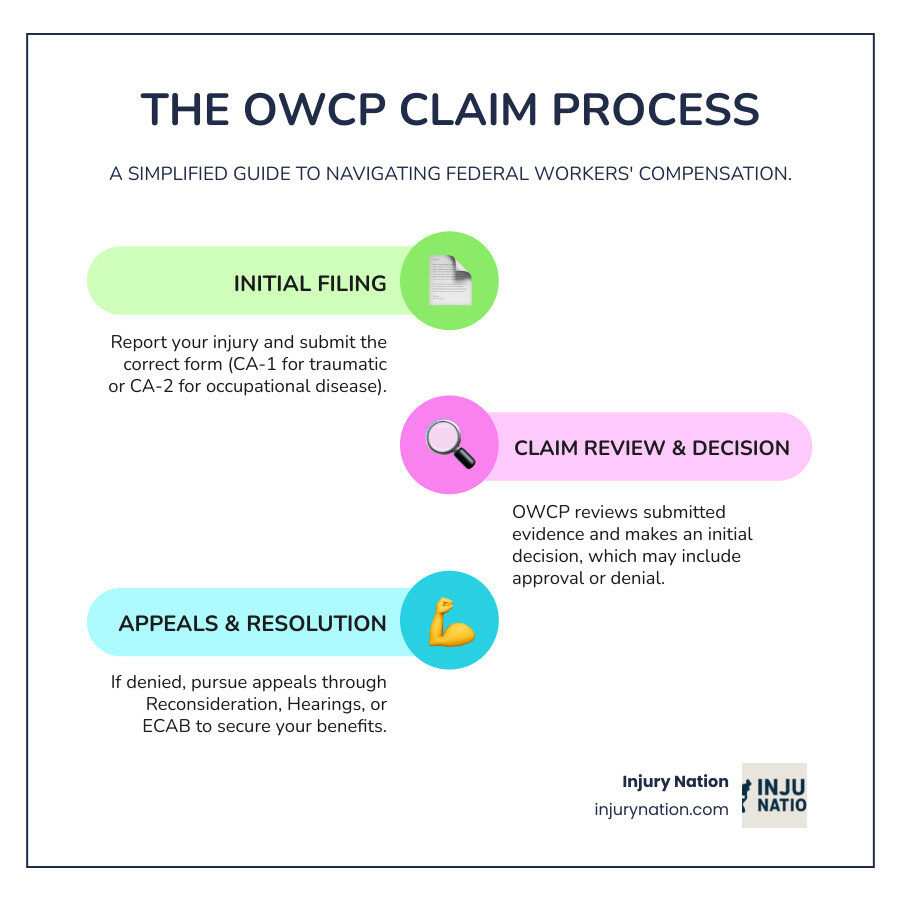 infographic showing OWCP claim process from injury report through CA-1 or CA-2 filing, initial claim decision, potential denial, three appeal levels, and final benefit award - best owcp attorney infographic infographic-line-3-steps-colors infographic showing OWCP claim process from injury report through CA-1 or CA-2 filing, initial claim decision, potential denial, three appeal levels, and final benefit award - best owcp attorney infographic infographic-line-3-steps-colors