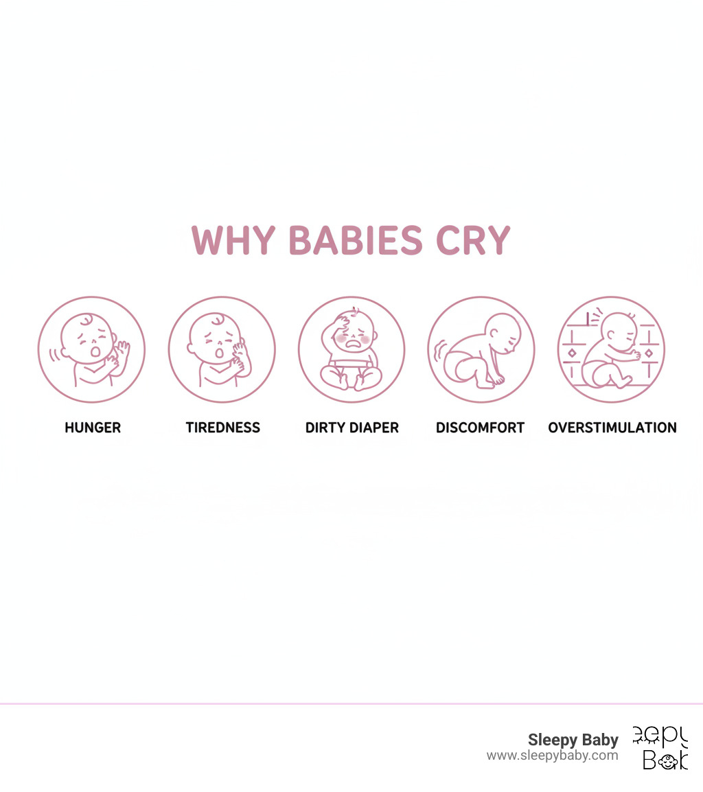 infographic showing main reasons babies cry: hunger (baby rooting or sucking hands), tiredness (rubbing eyes, yawning), dirty diaper (squirming, red face), discomfort (arching back, pulling legs up for gas), and overstimulation (turning away, fussing in busy environments) - soothing techniques for babies infographic 